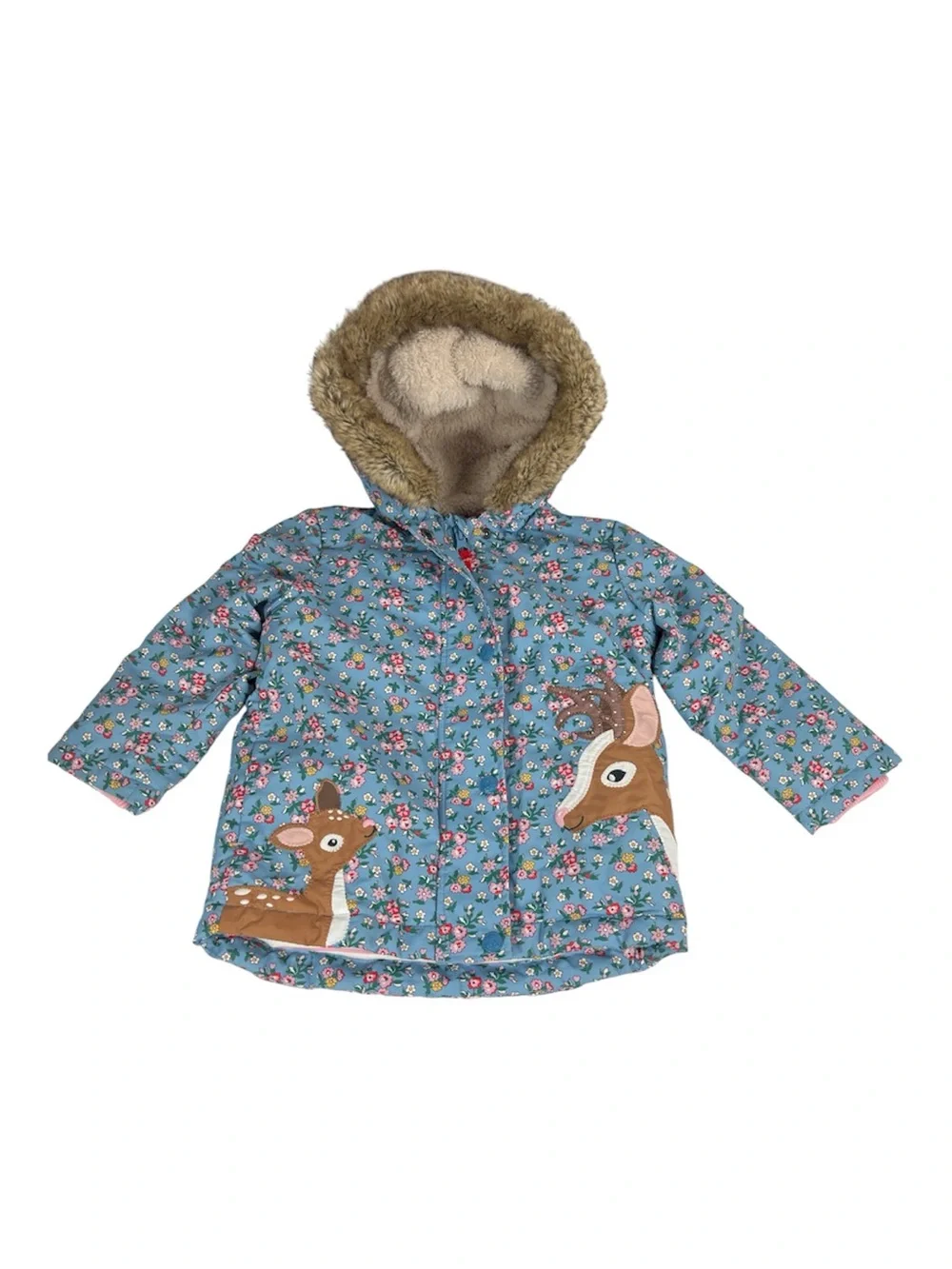 Baby Boden Sz 2 - 3Y Coat Blue Floral with Deer 3 in 1 Faux Fur Hood